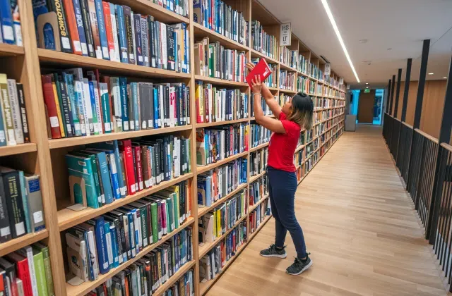 一个学生从图书馆的书架上拿起一本书.