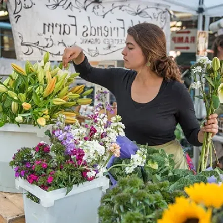 北安普顿市中心的一个农贸市场上，一个卖主在卖鲜切花.